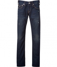 A stylishly distressed dark wash and contemporary slim cut makes these True Religion jeans a casual must-have - Five-pocket style, button closure, belt loops, large decorative double stitch details, buttoned back flap pockets - Slim, straight leg - Style with a worn-in tee and lace-up biker boots A stylishly distressed dark wash and contemporary slim cut makes these True Religion jeans a casual must-have - Five-pocket style, button closure, belt loops, large decorative double stitch details, buttoned back flap pockets - Slim, straight leg - Style with a worn-in tee and lace-up biker boots