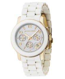 Crisp design with lasting style. This Michael Kors watch features a white polyurethane and goldtone mixed metal bracelet and round case. White chronograph dial with goldtone stick indices & numerals, logo, date window and three subdials. Quartz movement. Water resistant to 100 meters. Two-year limited warranty.