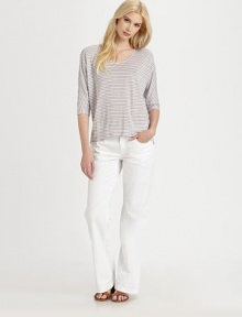 Stylish stripes adorn this linen top with modern, three-quarter sleeves and an ultra-feminine, curved hem.U-neckThree-quarter sleevesAllover stripesCurved hemAbout 24 from shoulder to hemLinenHand washImported Model shown is 5'10 (177cm) wearing US size Small. Stylish stripes adorn this linen top with modern, three-quarter sleeves and an ultra-feminine, curved hem.U-neckThree-quarter sleevesAllover stripesCurved hemAbout 24 from shoulder to hemLinenHand washImported Model shown is 5'10 (177cm) wearing US size Small.