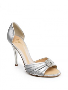 THE LOOKMetallic leather Slip-on stylePeep-toe silhouetteGathered front strap with rhinestone and metal detailTHE FITHeel 4 (100mm)THE MATERIALLeatherLeather lining and soleORIGINMade in Italy THE LOOKMetallic leather Slip-on stylePeep-toe silhouetteGathered front strap with rhinestone and metal detailTHE FITHeel 4 (100mm)THE MATERIALLeatherLeather lining and soleORIGINMade in Italy