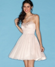 Shimmery tulle serves as the perfect compliment to a beaded neckline on this dress from Morgan that's rich in gorgeous subtleties! Shimmery tulle serves as the perfect compliment to a beaded neckline on this dress from Morgan that's rich in gorgeous subtleties!