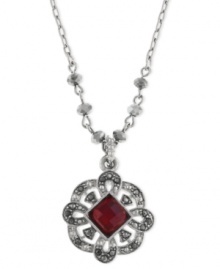 The center of attraction. This necklace from 2028 is crafted from silver-tone mixed metal with a pendant adorned in simulated marcasite. A dark red epoxy stone adds a vibrant pop. Approximate length: 16 inches + 3-inch extender. Approximate drop: 1 inch. The center of attraction. This necklace from 2028 is crafted from silver-tone mixed metal with a pendant adorned in simulated marcasite. A dark red epoxy stone adds a vibrant pop. Approximate length: 16 inches + 3-inch extender. Approximate drop: 1 inch.