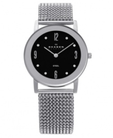 Dark drama. Elegantly timeless watch by Skagen Denmark crafted of stainless steel mesh expansion bracelet and round case. Black dial features applied silver tone numerals at twelve, three, six and nine o'clock, dot markers, eight crystal elements by Swarovski, two silver tone hands and logo. Quartz movement. Water resistant to 30 meters. Limited lifetime warranty. Dark drama. Elegantly timeless watch by Skagen Denmark crafted of stainless steel mesh expansion bracelet and round case. Black dial features applied silver tone numerals at twelve, three, six and nine o'clock, dot markers, eight crystal elements by Swarovski, two silver tone hands and logo. Quartz movement. Water resistant to 30 meters. Limited lifetime warranty.