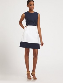Nautical hues and a grosgrain waistband lend a classic feel to this stretch cotton sheath for the ultimate charming look.Round neckSleevelessGrosgrain waistbandSubtle pleats at frontSlash pocketsExposed back zipperBack seamCotton liningAbout 37 from shoulder to hem97% cotton/3% spandexDry cleanImported Model shown is 5'9 (175cm) wearing US size 4. Nautical hues and a grosgrain waistband lend a classic feel to this stretch cotton sheath for the ultimate charming look.Round neckSleevelessGrosgrain waistbandSubtle pleats at frontSlash pocketsExposed back zipperBack seamCotton liningAbout 37 from shoulder to hem97% cotton/3% spandexDry cleanImported Model shown is 5'9 (175cm) wearing US size 4.