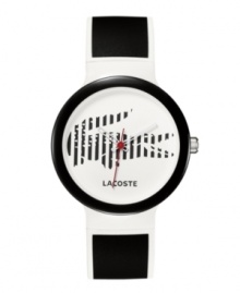 A sports watch with bite, by Lacoste. Unisex Goa watch crafted of black silicone strap with white piping and round plastic case. White dial features black vertical striped crocodile print, logo at six o'clock, white cutout hour and minute hands and red second hand. Quartz movement. Water resistant to 30 meters. Two-year limited warranty. A sports watch with bite, by Lacoste. Unisex Goa watch crafted of black silicone strap with white piping and round plastic case. White dial features black vertical striped crocodile print, logo at six o'clock, white cutout hour and minute hands and red second hand. Quartz movement. Water resistant to 30 meters. Two-year limited warranty.