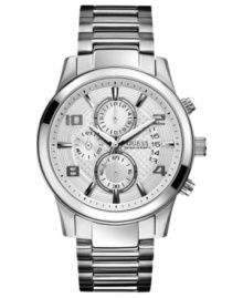 A vintage-inspired chronograph watch in polished steel, by GUESS. A vintage-inspired chronograph watch in polished steel, by GUESS.