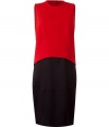 Luxurious dress in fine silk/synthetic fiber blend - very pleasant and flattering quality - stylish color blocking optic in vibrant red and black - slim cut, no frills with high crew neck and tigh skirt in classic pencil length - no sleeves - a dream dress, sensational, chic, fashionable, sophisticated - genius for noble cocktail parties and evening events - zipper at the back - creates a tall and slender silhouette - pair with classic pumps or booties