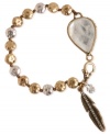 Feeling plucky? This link bracelet from Lucky Brand is crafted from gold- and silver-tone mixed metal, and features semi-precious rock crystal and glass accents for a casual fashion statement. Item comes packaged in a signature Lucky Brand Box. Approximate length: 7 inches.