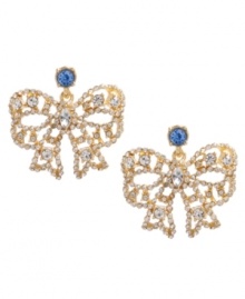 Flirty, feminine and totally fashionable! Prepare yourself for compliments when you wear Betsey Johnson's bow earrings. Crafted in gold tone mixed metal with clear crystal accents and a blue crystal post. Approximate drop: 1-1/5 inches. Flirty, feminine and totally fashionable! Prepare yourself for compliments when you wear Betsey Johnson's bow earrings. Crafted in gold tone mixed metal with clear crystal accents and a blue crystal post. Approximate drop: 1-1/5 inches.