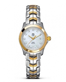 With its unique design, the TAG Heuer Link series has represented a perfect balance of sport and prestige since 1999. Its architecture reflects the power and beauty of steel through the play of contrasts and its refined lines. White mother-of-pearl dial with 11 diamond accents and a polished 18 Kt. solid gold bezel. Features a date window. With its unique design, the TAG Heuer Link series has represented a perfect balance of sport and prestige since 1999. Its architecture reflects the power and beauty of steel through the play of contrasts and its refined lines. White mother-of-pearl dial with 11 diamond accents and a polished 18 Kt. solid gold bezel. Features a date window.