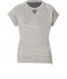 Downtime wardrobes get a fashionable kick from J Brand with this heather grey top - Relaxed, classic sweatshirt look features rounded neck, contrasting athletic-wear triangle at front, short, loose sleeves and subtle seams - Exposed zipper at side - Pair with skinny jeans and wedge heels for a weekend look that is chic but casual, or with cropped white denim and favorite thongs for a clean, leisure-time look Downtime wardrobes get a fashionable kick from J Brand with this heather grey top - Relaxed, classic sweatshirt look features rounded neck, contrasting athletic-wear triangle at front, short, loose sleeves and subtle seams - Exposed zipper at side - Pair with skinny jeans and wedge heels for a weekend look that is chic but casual, or with cropped white denim and favorite thongs for a clean, leisure-time look