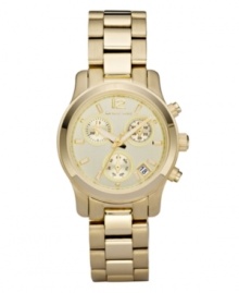 Gold-finished brushed and polished steel make a subtly sexy statement on this feminine watch by Michael Kors. Gold-finished brushed and polished steel make a subtly sexy statement on this feminine watch by Michael Kors.