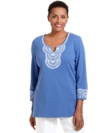 This easy tunic from JM Collection features embroidery for an artisan-inspired look. Pair it with anything from khakis to jeans! This easy tunic from JM Collection features embroidery for an artisan-inspired look. Pair it with anything from khakis to jeans!