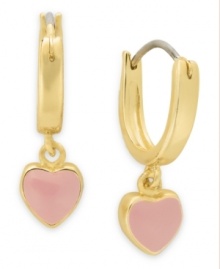 Share the love. Lily Nily's children's drop hoop earrings are set in 18k gold over sterling silver with pink enamel hearts adding a vibrant touch. Item comes packaged in a signature Lily Nily Gift Box. Approximate drop: 3/4 inch. Approximate width: 1/4 inch.