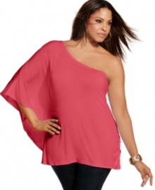 Make a stylish statement with INC's one-shoulder plus size top, showcasing a dramatic batwing sleeve. Make a stylish statement with INC's one-shoulder plus size top, showcasing a dramatic batwing sleeve.