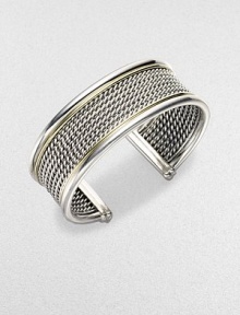 From the Wheaton Collection. A sophisticated cuff combining woven rows of sterling silver with a polished edge and accents of 18k yellow gold. Sterling silver and 18k yellow gold Diameter, about 2½ Width, about ¾ Made in USA From the Wheaton Collection. A sophisticated cuff combining woven rows of sterling silver with a polished edge and accents of 18k yellow gold. Sterling silver and 18k yellow gold Diameter, about 2½ Width, about ¾ Made in USA