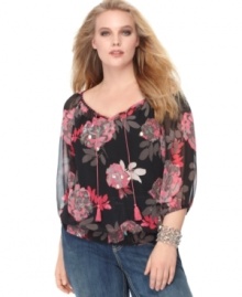 Flaunt your inner flower child with INC's three-quarter sleeve plus size peasant top, featuring a refreshing floral print. (Clearance) Flaunt your inner flower child with INC's three-quarter sleeve plus size peasant top, featuring a refreshing floral print. (Clearance)