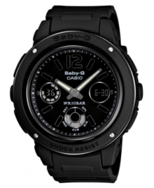 Bad-girl chic: this rugged, shock-resistant watch by Baby-G features a blacked-out design and analog-digital tech. Bad-girl chic: this rugged, shock-resistant watch by Baby-G features a blacked-out design and analog-digital tech.
