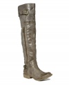 With their distressed material and tall over-the-knee silhouette, American Rag's Ikey boots embody two key trends this fall! Along with hardware buckle embellishment, they include a comfortable low stacked heel.