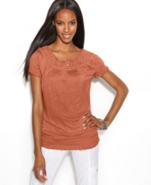 Crochet trim adds a lacy touch to INC's classic smocked peasant top! Crochet trim adds a lacy touch to INC's classic smocked peasant top!