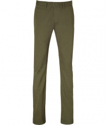 Stylish pants, in fine, army green cotton - Soft yet ultra-durable material feels great against the skin - Slim, straight chino cut tapers slightly through legs - Medium low rise, with belt loops and button closure - Slash pockets at sides, welt pockets at rear - A casually cool alternative to jeans, great for everyday leisure - Pair with pullovers, t-shirts and button downs