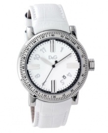When seconds count and style matters. Watch by D&G crafted of white croc-embossed leather strap and round stainless steel case. Bezel with black numerals and stick indices. White dial features applied silver tone numerals and stick indices, minute track, date window, silver tone hour and minute hands, black second hand and logo. Quartz movement. Water resistant to 30 meters. Two-year limited warranty. When seconds count and style matters. Watch by D&G crafted of white croc-embossed leather strap and round stainless steel case. Bezel with black numerals and stick indices. White dial features applied silver tone numerals and stick indices, minute track, date window, silver tone hour and minute hands, black second hand and logo. Quartz movement. Water resistant to 30 meters. Two-year limited warranty.