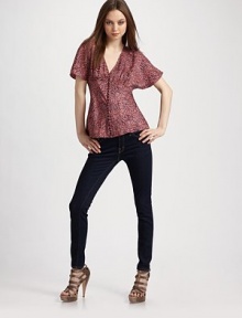 Artfully-printed silk tailored in a soft, flouncy silhouette for a decidedly feminine edge.V neckline Flutter sleeves Button-down placket Empire waist Flared from hips to hem About 24½ from shoulder to hem Silk; dry clean Imported Artfully-printed silk tailored in a soft, flouncy silhouette for a decidedly feminine edge.V neckline Flutter sleeves Button-down placket Empire waist Flared from hips to hem About 24½ from shoulder to hem Silk; dry clean Imported