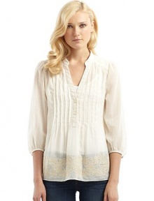 THE LOOKSoft tucks release to a sweeping embroidered hemStand collarGathered full sleevesV-neck with 2-button partial placketDouble-layer shoulder yokeBack gathering for fullnessTHE FITAbout 35 from shoulder to hemTHE MATERIALSemi-sheer meshCottonCARE & ORIGINDry cleanImported THE LOOKSoft tucks release to a sweeping embroidered hemStand collarGathered full sleevesV-neck with 2-button partial placketDouble-layer shoulder yokeBack gathering for fullnessTHE FITAbout 35 from shoulder to hemTHE MATERIALSemi-sheer meshCottonCARE & ORIGINDry cleanImported