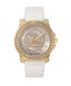 Be the queen of your castle with Juicy Couture's over-the-top Pedigree watch. White jelly strap and round gold-plated stainless steel case. Bezel crystallized with Swarovski elements. Champagne dial features applied goldtone numerals, luminous hands with a touch of pink and iconic crown logo glittering with crystal accents. Quartz movement. Water resistant to 30 meters. Two-year limited warranty.
