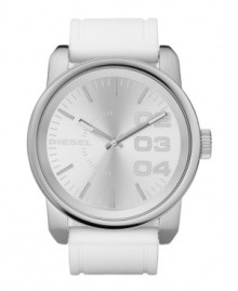 Be bold...you know you want to. Oversized and contemporary watch by Diesel crafted of white silicone strap and round stainless steel case, 24mm. Silver sunray dial features numerals at two, three and four o'clock, stick indices, minute track, luminous hands and logo. Quartz movement. Water resistant to 100 meters. Two-year limited warranty.