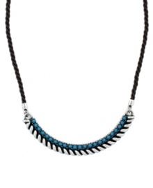 A touch of turquoise adds a fresh feel to this Jessica Simpson necklace. A black rope is adorned with a silver tone mixed metal setting and plastic turquoise beading. Approximate length: 16 inches. A touch of turquoise adds a fresh feel to this Jessica Simpson necklace. A black rope is adorned with a silver tone mixed metal setting and plastic turquoise beading. Approximate length: 16 inches.