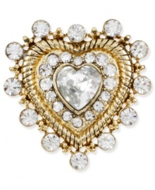 Style with a lot of heart. Betsey Johnson's lovely heart ring is decorated with glistening crystal accents. Set in antiqued gold tone mixed metal. Ring stretches to fit finger. Style with a lot of heart. Betsey Johnson's lovely heart ring is decorated with glistening crystal accents. Set in antiqued gold tone mixed metal. Ring stretches to fit finger.