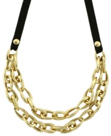 Streetwise style. Crafted in a chic combination of gold tone mixed metal and black leather, Vince Camuto's double chain link necklace will make a striking impact each time you wear it. Approximate length: 18 inches. Streetwise style. Crafted in a chic combination of gold tone mixed metal and black leather, Vince Camuto's double chain link necklace will make a striking impact each time you wear it. Approximate length: 18 inches.