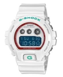 The snowball effect: With multiple functions and a durable shell, this sporty watch by G-Shock will get you rolling. Crafted of white resin strap and round case. Green logo at bezel. Shock-resistant, negative display digital dial with EL backlight, flash alert, multifunction alarm, countdown timer, stopwatch and 12/24-hour formats. Quartz movement. Water resistant to 200 meters. One-year limited warranty. The snowball effect: With multiple functions and a durable shell, this sporty watch by G-Shock will get you rolling. Crafted of white resin strap and round case. Green logo at bezel. Shock-resistant, negative display digital dial with EL backlight, flash alert, multifunction alarm, countdown timer, stopwatch and 12/24-hour formats. Quartz movement. Water resistant to 200 meters. One-year limited warranty.