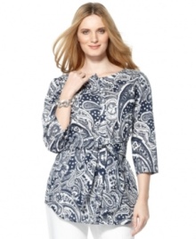 A paisley print enlivens this flattering tunic from Jones New York Signature. The attached tie at the front accentuates your waistline, too! A paisley print enlivens this flattering tunic from Jones New York Signature. The attached tie at the front accentuates your waistline, too!