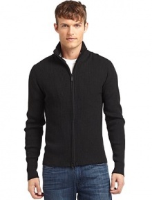 THE LOOKRibbed designStand collarFront zip closureLong sleevesTHE MATERIALAcrylic/wool CARE & ORIGINMachine washImported THE LOOKRibbed designStand collarFront zip closureLong sleevesTHE MATERIALAcrylic/wool CARE & ORIGINMachine washImported