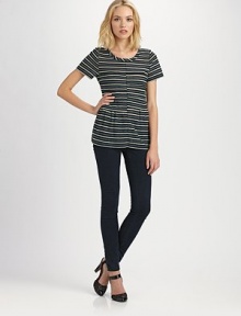 Multi-tone stripes add a hint of casual chic to this flared knit topper.Jewel necklineShort sleevesGathered pleats at hipsAbout 17 from shoulder to hemCottonDry cleanImportedModel shown is 5'9½ (177cm) wearing US size 4. Multi-tone stripes add a hint of casual chic to this flared knit topper.Jewel necklineShort sleevesGathered pleats at hipsAbout 17 from shoulder to hemCottonDry cleanImportedModel shown is 5'9½ (177cm) wearing US size 4.