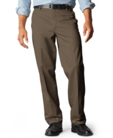 For the perfect combination of comfort and professional polish, get a pair of Dockers khaki flat-fronts. For the perfect combination of comfort and professional polish, get a pair of Dockers khaki flat-fronts.