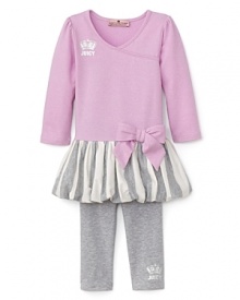 Juicy Couture brings you a sweet set: the top is accented with a bow and pleated bubble hem, while silver crown logos shine on the top and the gray leggings.