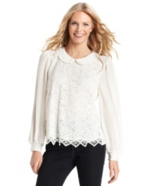 Add a sweetly feminine touch to your ensemble with this lace blouse from ECI, featuring a rounded collar and scalloped hem. Add a sweetly feminine touch to your ensemble with this lace blouse from ECI, featuring a rounded collar and scalloped hem.
