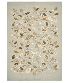 Natural whimsy. Perfectly graceful leaves upon scrolling vines make a mark of elegance upon rich woven pile. Hand tufted in India of long wool fibers, this luxurious area rug from Martha Stewart rugs presents unparalleled comfort and style underfoot. Natural whimsy. Perfectly graceful leaves upon scrolling vines make a mark of elegance upon rich woven pile. Hand tufted in India of long wool fibers, this luxurious area rug from Martha Stewart rugs presents unparalleled comfort and style underfoot.