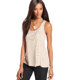 Decidedly romantic lace updates a classic petite tank top from INC. Decidedly romantic lace updates a classic petite tank top from INC.