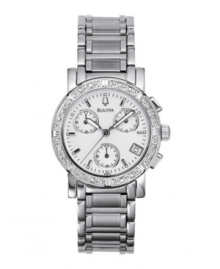 Looking sharp was never this simple. White dial with chronograph and stainless steel bracelet combine for classic elegance. Features 16 sparkling diamond accents along the case. Deployment buckle. Water resistant up to 30 meters. Three-year limited warranty. Looking sharp was never this simple. White dial with chronograph and stainless steel bracelet combine for classic elegance. Features 16 sparkling diamond accents along the case. Deployment buckle. Water resistant up to 30 meters. Three-year limited warranty.