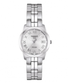 A stately watch to affirm your impeccably classic taste, the PR 100 model by Tissot. Stainless steel bracelet and round case. Silvertone dial features Roman numerals, date window at three o'clock, luminous hands and logo. Swiss movement. Water resistant to 100 meters. Two-year limited warranty. A stately watch to affirm your impeccably classic taste, the PR 100 model by Tissot. Stainless steel bracelet and round case. Silvertone dial features Roman numerals, date window at three o'clock, luminous hands and logo. Swiss movement. Water resistant to 100 meters. Two-year limited warranty.