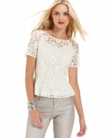 Pep up your look with this DKNY Jeans lace peplum top. Pair it with a tank top and coated jeans for sweet-meets-sultry appeal. Pep up your look with this DKNY Jeans lace peplum top. Pair it with a tank top and coated jeans for sweet-meets-sultry appeal.