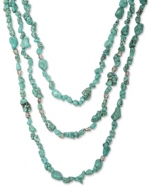 Get stranded in style. Lucky Brand's layered necklace features three rows of semi-precious turquoise stones embellished with silvery knot accents. Set in silver tone mixed metal. Approximate length: 25 inches. Get stranded in style. Lucky Brand's layered necklace features three rows of semi-precious turquoise stones embellished with silvery knot accents. Set in silver tone mixed metal. Approximate length: 25 inches.