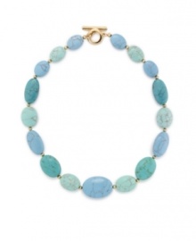 With its beautiful blue/green color scheme, Lauren by Ralph Lauren's reconstituted turquoise necklace is a tempting choice. Crafted with oval-shaped beads in gold tone mixed metal with a toggle closure. Approximate length: 18 inches. With its beautiful blue/green color scheme, Lauren by Ralph Lauren's reconstituted turquoise necklace is a tempting choice. Crafted with oval-shaped beads in gold tone mixed metal with a toggle closure. Approximate length: 18 inches.