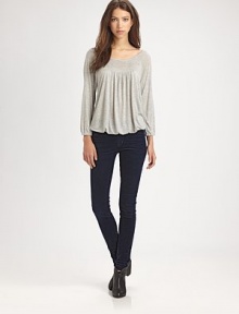 Soft heather jersey, slightly gathered at the bodice for a feminine blouson silhouette.BoatneckGathered sleevesDropped yokeElastic hemViscoseMachine washImportedModel shown is 5'8½ (174cm) wearing US size Small. Soft heather jersey, slightly gathered at the bodice for a feminine blouson silhouette.BoatneckGathered sleevesDropped yokeElastic hemViscoseMachine washImportedModel shown is 5'8½ (174cm) wearing US size Small.