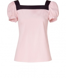 Rose-colored cotton top - Elegant with decorative black piping and bow - Update on nautical trend - Feminine square neckline with short, puffed sleeves - Fitted through chest and arms but with pretty, flowing hem - Pair with business pants, pencil skirt for day or black skinny jeans and heels for a casual night out Rose-colored cotton top - Elegant with decorative black piping and bow - Update on nautical trend - Feminine square neckline with short, puffed sleeves - Fitted through chest and arms but with pretty, flowing hem - Pair with business pants, pencil skirt for day or black skinny jeans and heels for a casual night out