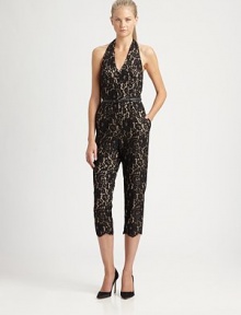 Delicate lace offers a ladylike take on the classic jumpsuit, finished with a chic halter neckline and belted waist.Halter necklineTop-fit bodiceBelted waistAnkle zippersCenter back zipperAbout 50 from shoulder to hem59% nylon/41% cottonDry cleanImportedModel shown is 5'11 (180cm) wearing US size 4. Delicate lace offers a ladylike take on the classic jumpsuit, finished with a chic halter neckline and belted waist.Halter necklineTop-fit bodiceBelted waistAnkle zippersCenter back zipperAbout 50 from shoulder to hem59% nylon/41% cottonDry cleanImportedModel shown is 5'11 (180cm) wearing US size 4.